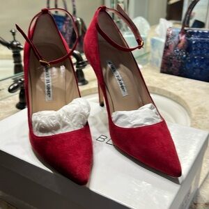 Manolo Red Suede Ankle Strap Pumps